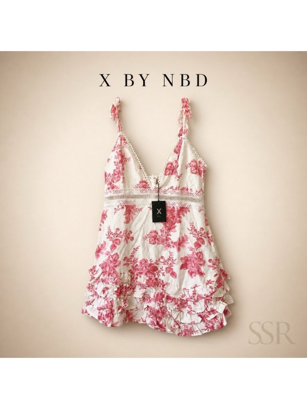 X by NBD Dolores Mini Dress Size M Pink Floral Linen Eyelet Ruffle NWT Revolve